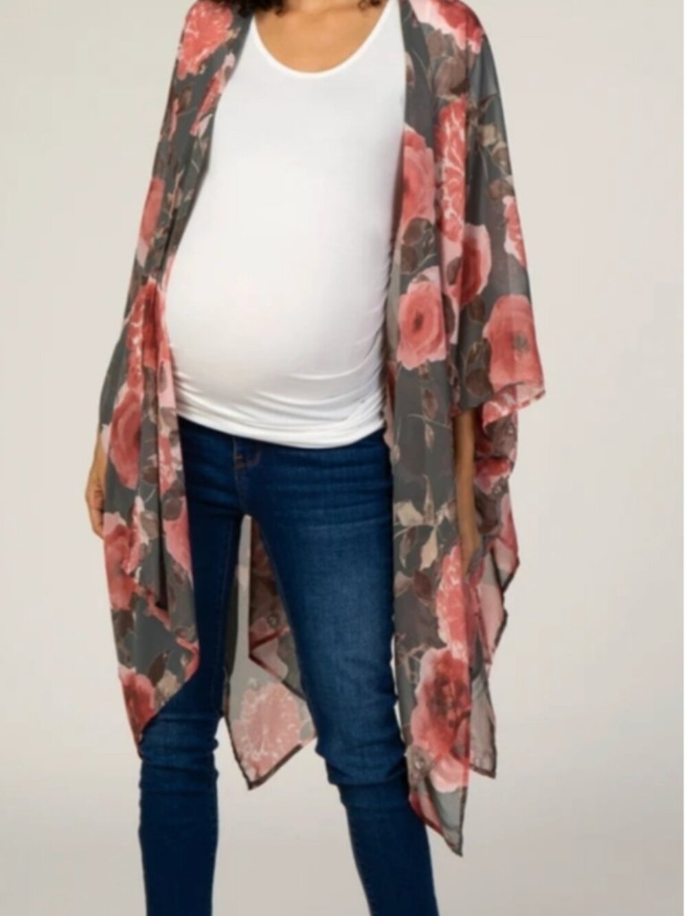 Pinkblush Sheer grey Kimono Tunic with pink Floral Print